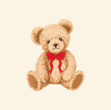Red bow on neck teddy bear background 