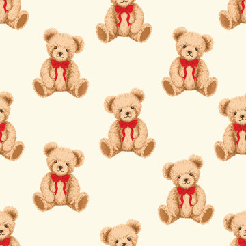 Hand drawn illustrations set of teddy bears with red ribbons on neck seamless pattern 