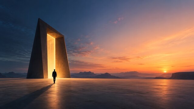 Silhouette Of Man Walking Towards Glowing Portal At Sunset