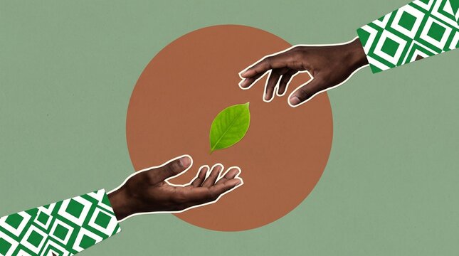 Two hands reaching towards a single floating green leaf on background