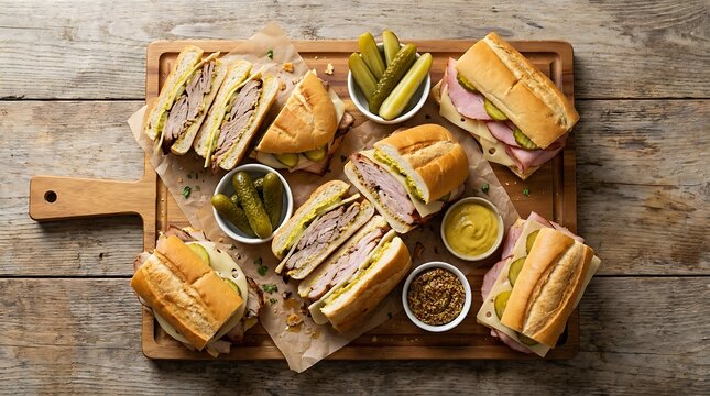 Fresh cuban sandwiches with pickles and mustard served on a wooden board. Cuban sandwich variations