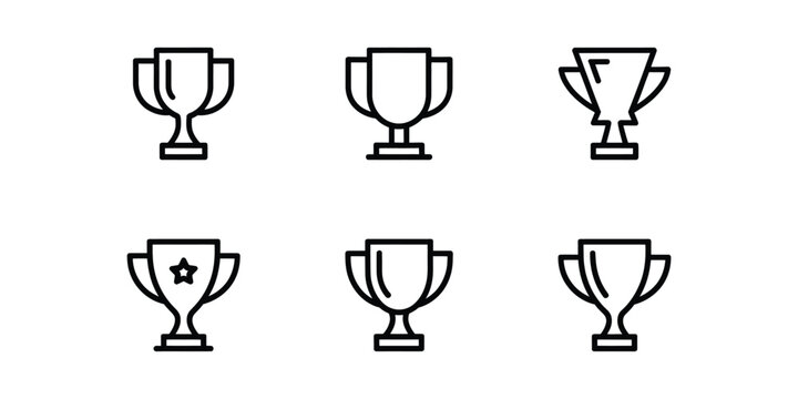 Set of simple black line trophy cup icons for sports competition and victory awards