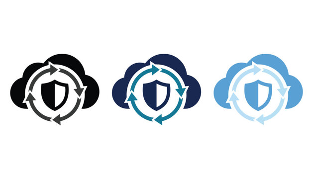 Cloud security shield icon with circular arrows, vector illustration set