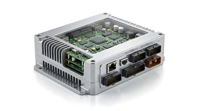 Compact automotive control module with exposed green circuit board, heat sink housing and connectors for vehicle electronics technology