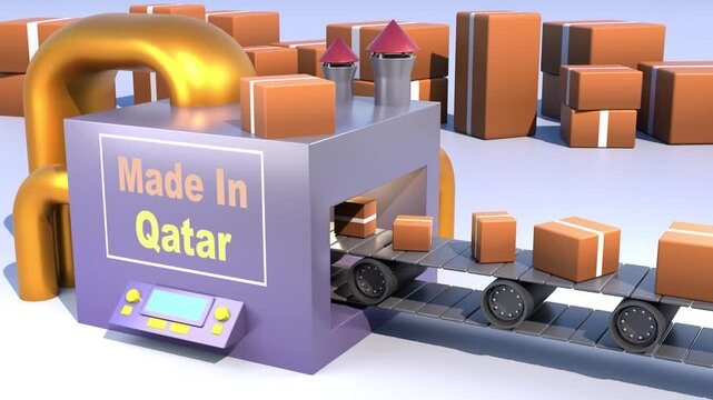 Made In Qatar manufacturing process, 3D animation of a factory assembly line, production and export, global trade and supply chain logistics