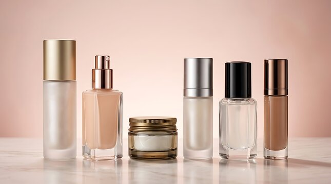 Set of cosmetic skincare bottles and foundation jars on a pink background.  makeup primer assortment