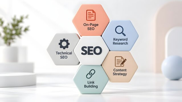 SEO Optimization Core Strategy Hexagon Blocks With Icons