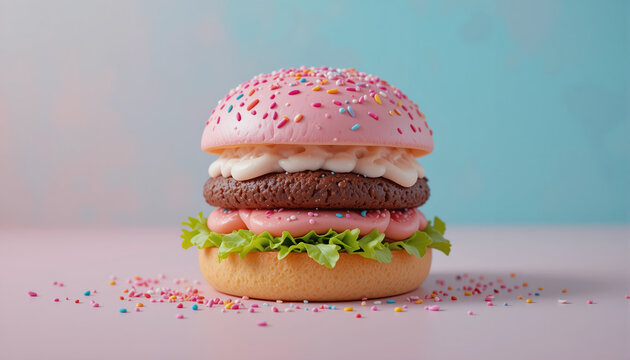 Imaginary burger with pink elements on pink background.