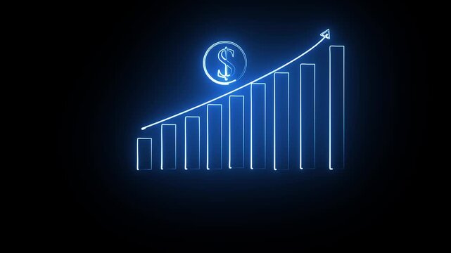 Blue neon bar graph rising with globe and upward arrow during financial growth concept with subtle camera zoom