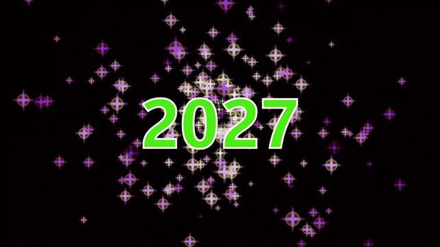 Happy new year 2027 greeting text animation with glowing golden typography set against a dark night city skyline background featuring vibrant colorful starburst fireworks motion in this digital graphi