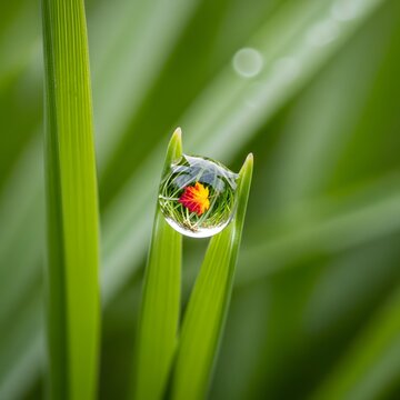 Macro water droplet on fresh green grass blade reflecting a tiny colorful autumn leaf closeup