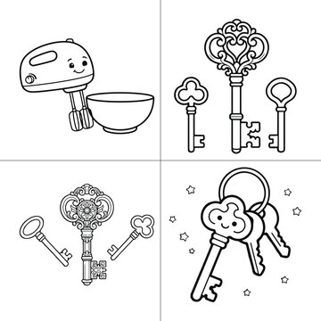 Cute cartoon kitchen hand mixer and vintage decorative keys line art collection.