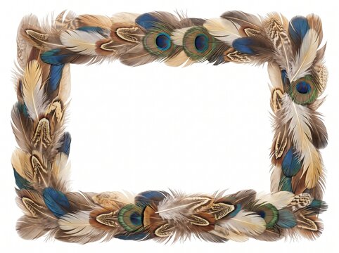 Boho style decorative border frame made with colorful peacock and pheasant feathers