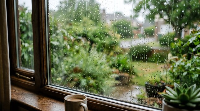 A cup of coffee by the window on a rainy day looking at a green garden