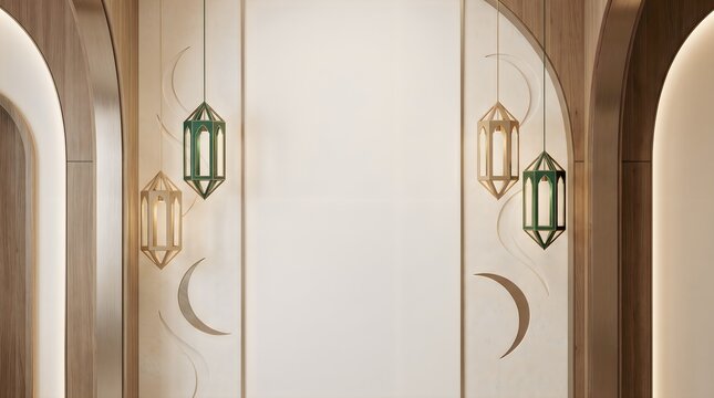 Hanging lanterns and crescent moon symbols in an archway for ramadan kareem celebration