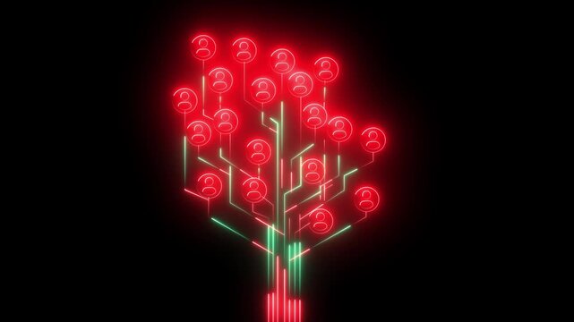 Digital social network tree with glowing red user and circuitry lines on black background, digital tree