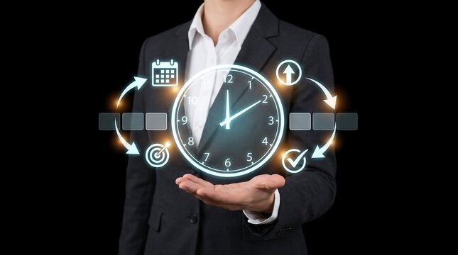 Business professional holding a digital clock interface with management icons on a black background