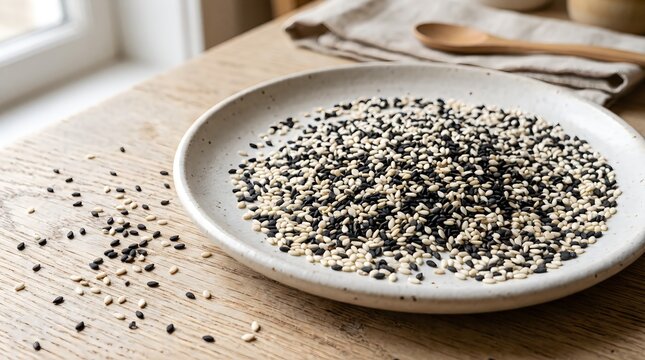 Healthy pile of black and white sesame seeds on a gray ceramic plate on a wooden table