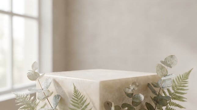 Empty square product display podium with green leaves in a bright sunny room