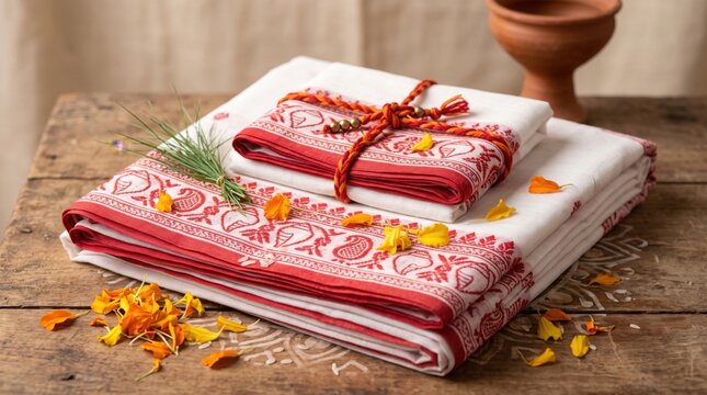 Assamese traditional gamosa set with red floral motifs on white fabric, decorated with marigold flowers and green grass on a rustic wooden table, representing cultural heritage and festive spirit