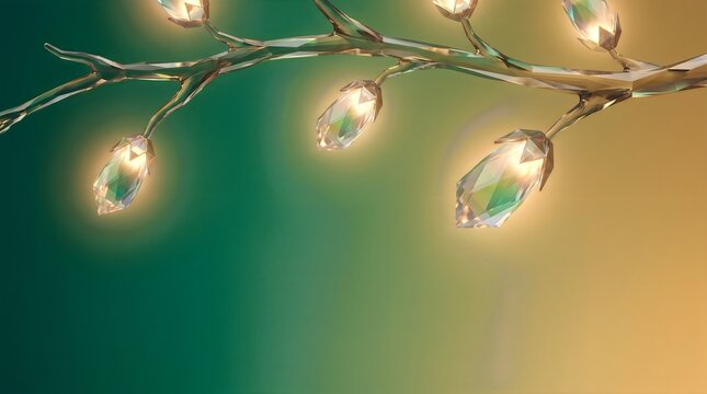 Glowing crystal buds on a glass tree branch with a soft green and yellow gradient background