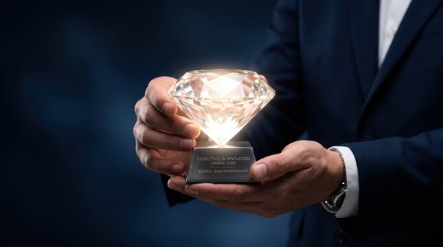 Close up of businessman hands holding glowing diamond shaped trophy award for excellence in innovation at global leadership summit, symbolizing achievement success and corporate