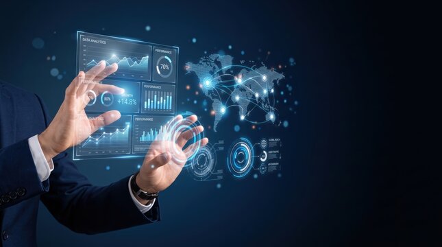 Businessman interacting with advanced futuristic holographic user interface displaying global data analysis, world map connectivity, performance metrics and complex statistical