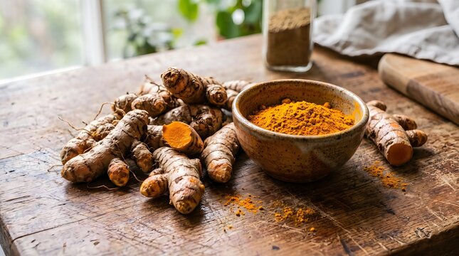 Fresh turmeric roots and bowl of ground turmeric powder on a wooden kitchen table
