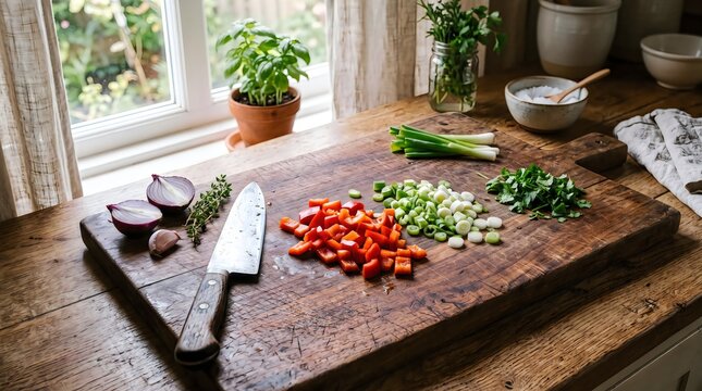 Fresh chopped vegetables and knife on a wooden cutting board in a sunny kitchen