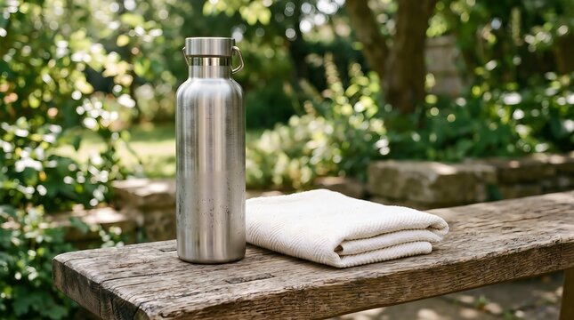 Metal water bottle and white towel on a wooden bench in a sunny green park