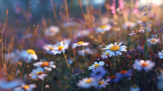 Flowers bloom in a meadow during morning light in spring season