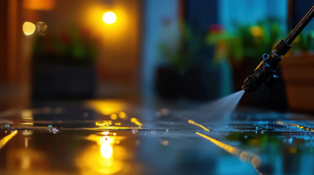 Water spray cleans a shiny floor at night in a vibrant setting