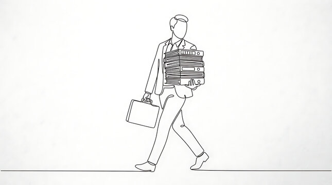 Man carrying stack of files in minimalist line art style