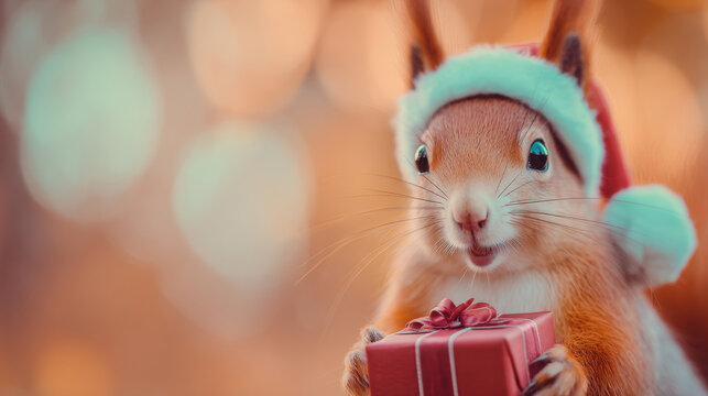Squirrel in a Santa hat holding a gift during the holiday season