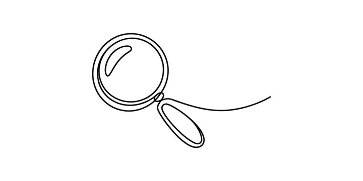 Continuous single line drawing of a magnifying glass tool used for searching and discovery
