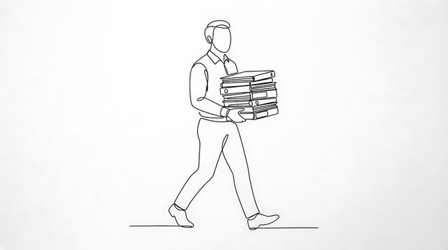 Man Carrying Stack of Files in Minimalist Line Art