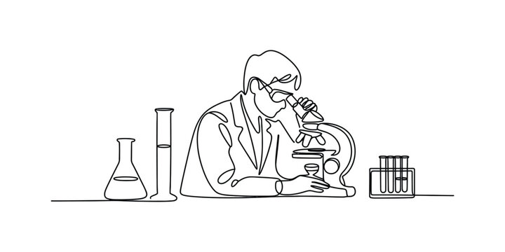 Continuous line drawing of a scientist looking through a microscope in a laboratory with test tubes and glass beakers