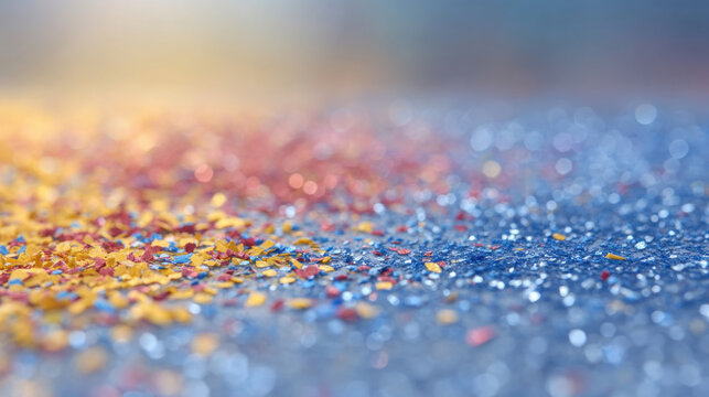 Colorful glitter scattered on a surface captures light in a bright setting