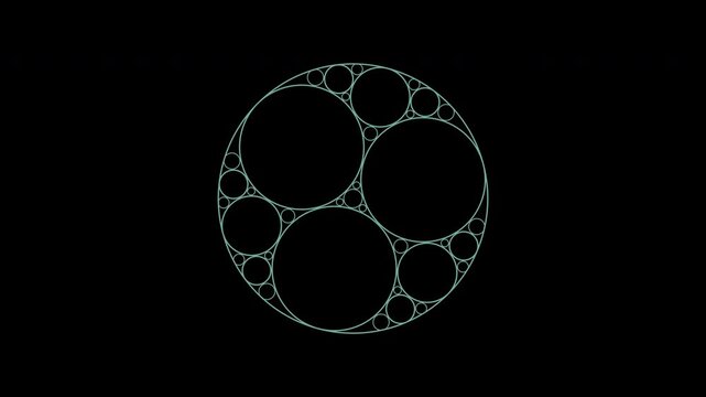 Rotating Apollonian circle cluster in jade green on transparent background