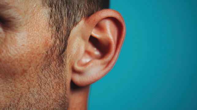 Close-up of a human ear against a bright blue background