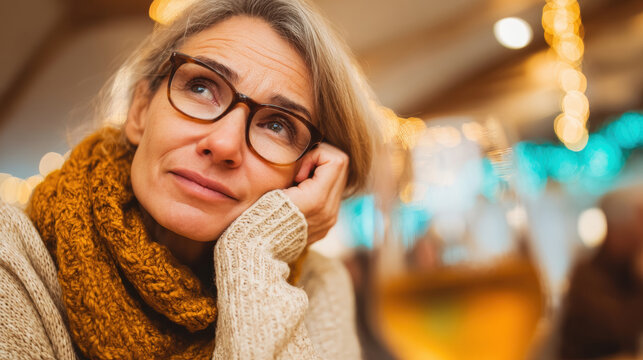 Woman with thoughtful expression sitting at a cozy cafe during winter season