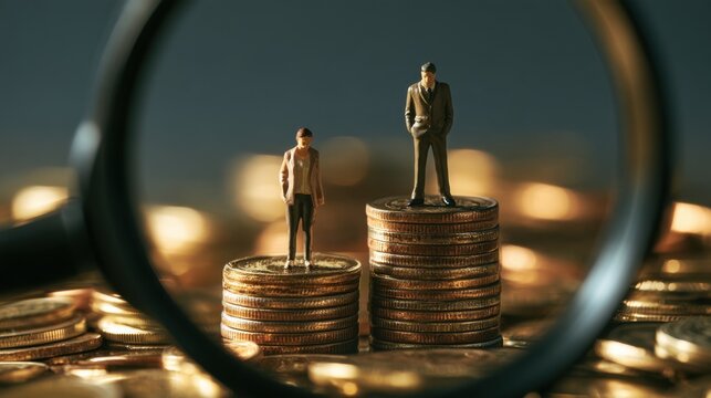 Tiny male figures standing on different height stacks of coins viewed through a magnifying glass concept of economic inequality and money gap