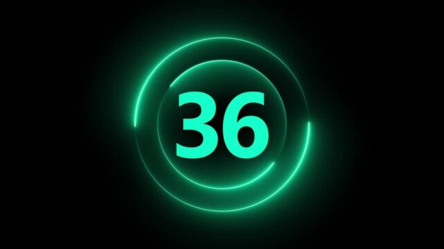 Neon green digital countdown timer 36 seconds with circular glowing hud interface