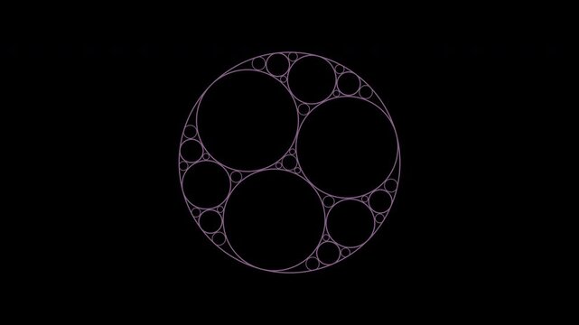 Rotating Apollonian circle cluster in plum purple on transparent background