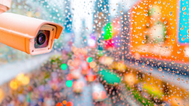 Surveillance camera captures busy city street during rainy day
