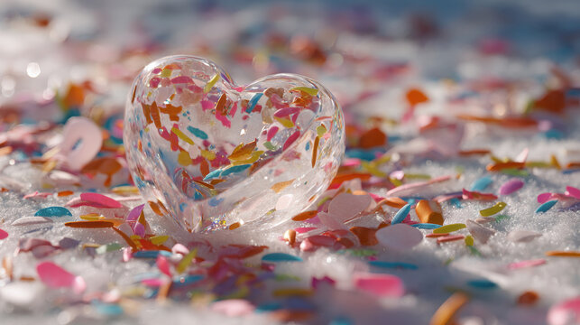 Colorful confetti surrounds clear heart shape on snowy background in winter
