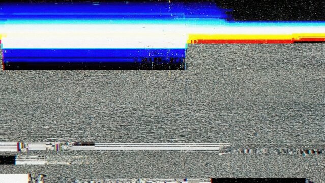 Abstract digital glitch screen with static noise and colorful signal interference