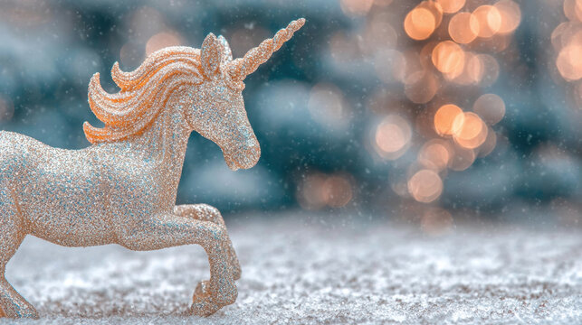 Sparkling unicorn figurine in snow with warm lights in background