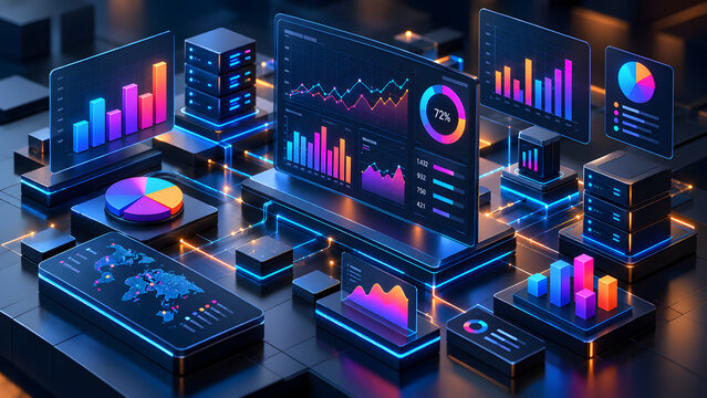 Isometric digital dashboard with glowing financial charts and data analytics interfaces on a modern circuit board
