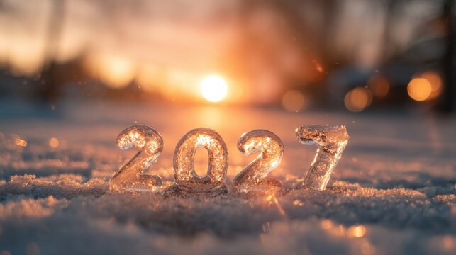 Number 2021 made of ice sits on snow with the sun setting in the background